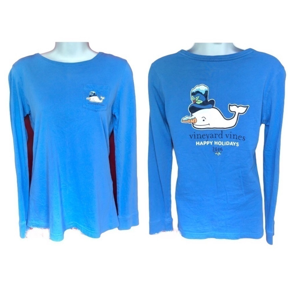 Vineyard Vines Holiday Long Sleeve Shirt Top Holiday Snowman Whale XXS Blue